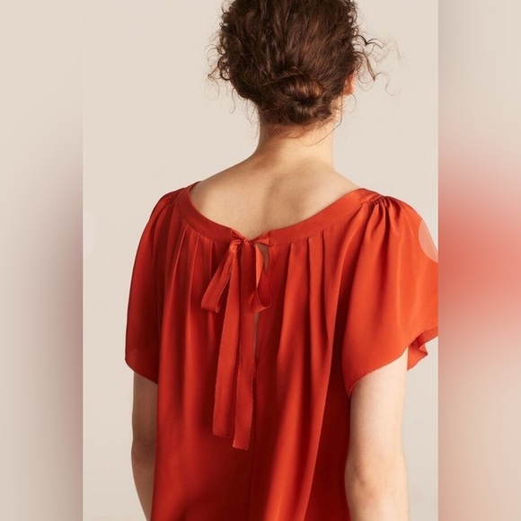 Rebecca Taylor Ruched Tie Back Short Sleeve 100% Silk Top, Cream, Size L - Picture 2 of 7